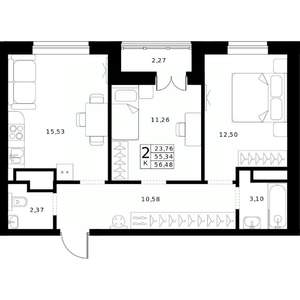 2-к квартира, вторичка, 56м2, 24/24 этаж
