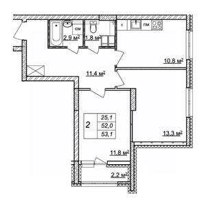 2-к квартира, строящийся дом, 53м2, 22/25 этаж