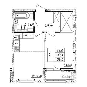 1-к квартира, строящийся дом, 40м2, 20/25 этаж
