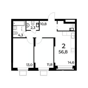 2-к квартира, вторичка, 57м2, 9/15 этаж