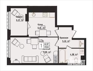 1-к квартира, вторичка, 44м2, 4/15 этаж