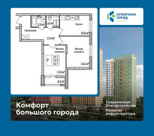 2-к квартира, вторичка, 53м2, 25/25 этаж