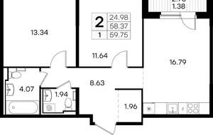 2-к квартира, вторичка, 60м2, 1/9 этаж