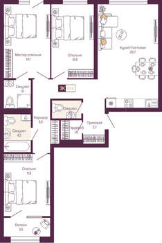 3-к квартира, вторичка, 91м2, 9/19 этаж