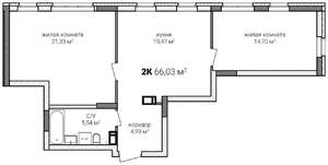 2-к квартира, строящийся дом, 66м2, 6/13 этаж