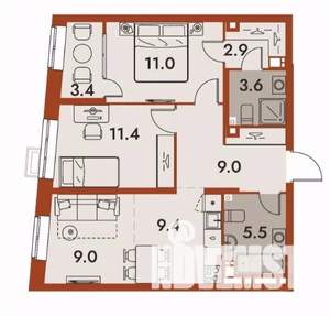 3-к квартира, строящийся дом, 65м2, 12/25 этаж