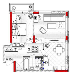 2-к квартира, вторичка, 57м2, 4/4 этаж