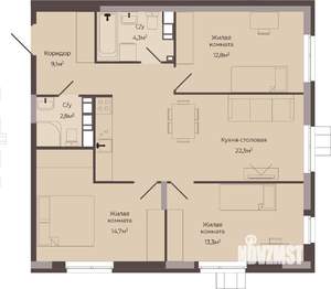3-к квартира, строящийся дом, 79м2, 2/8 этаж