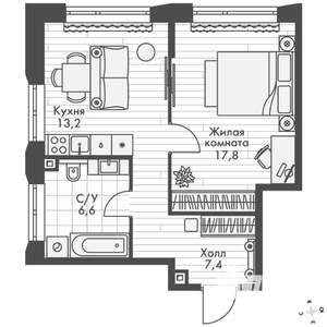 1-к квартира, вторичка, 45м2, 13/20 этаж