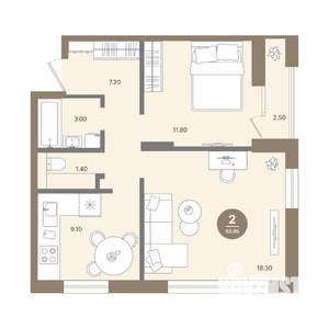 2-к квартира, вторичка, 52м2, 12/18 этаж