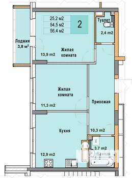 2-к квартира, вторичка, 56м2, 7/25 этаж