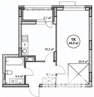 1-к квартира, вторичка, 44м2, 8/14 этаж
