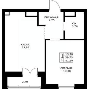 1-к квартира, строящийся дом, 41м2, 13/24 этаж