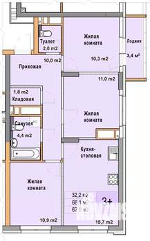 3-к квартира, вторичка, 68м2, 25/25 этаж