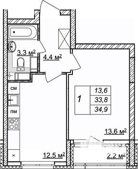 1-к квартира, вторичка, 35м2, 19/25 этаж