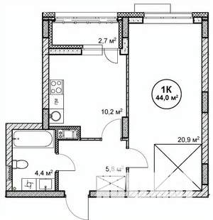 1-к квартира, строящийся дом, 44м2, 10/14 этаж
