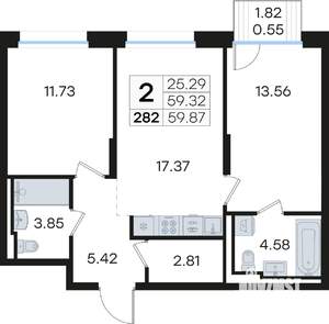 2-к квартира, вторичка, 60м2, 2/13 этаж