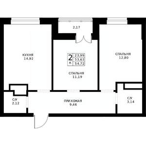 2-к квартира, строящийся дом, 55м2, 24/24 этаж
