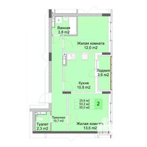 2-к квартира, строящийся дом, 55м2, 4/10 этаж