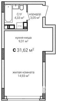 Студия квартира, строящийся дом, 32м2, 12/13 этаж