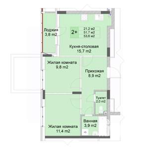 2-к квартира, строящийся дом, 54м2, 2/10 этаж