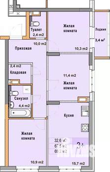 3-к квартира, вторичка, 69м2, 3/25 этаж