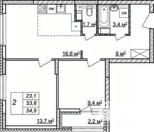 2-к квартира, вторичка, 55м2, 11/25 этаж