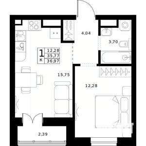 1-к квартира, строящийся дом, 37м2, 17/24 этаж