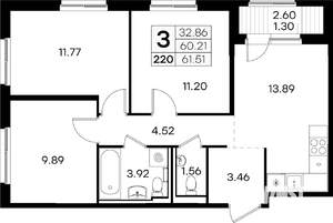 3-к квартира, вторичка, 62м2, 1/9 этаж