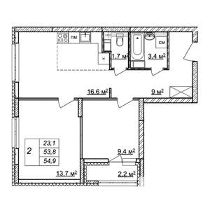 2-к квартира, строящийся дом, 55м2, 12/25 этаж