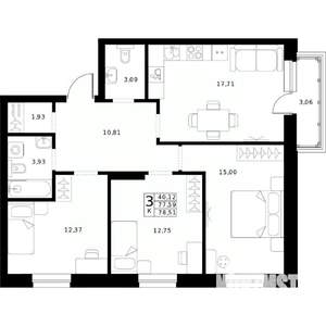 3-к квартира, строящийся дом, 79м2, 1/24 этаж