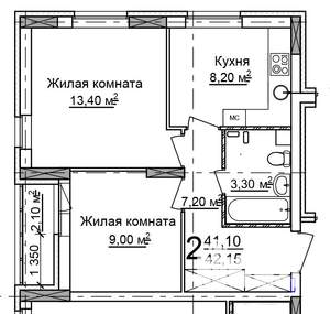 2-к квартира, строящийся дом, 42м2, 14/18 этаж