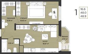1-к квартира, строящийся дом, 49м2, 3/15 этаж