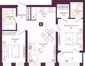 2-к квартира, вторичка, 60м2, 7/12 этаж