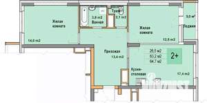 2-к квартира, вторичка, 65м2, 24/25 этаж