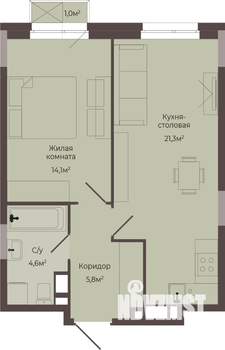 1-к квартира, строящийся дом, 46м2, 5/8 этаж