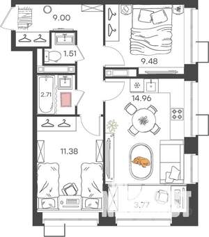 2-к квартира, вторичка, 53м2, 2/17 этаж