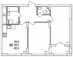 2-к квартира, вторичка, 61м2, 2/19 этаж
