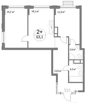 2-к квартира, сданный дом, 63м2, 14/22 этаж
