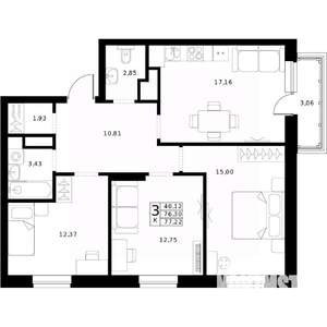 3-к квартира, строящийся дом, 77м2, 20/24 этаж