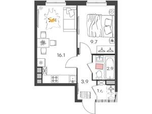 1-к квартира, вторичка, 34м2, 1/4 этаж