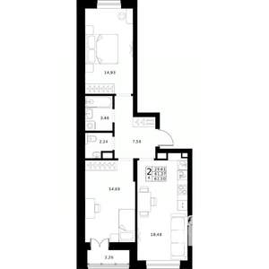 2-к квартира, строящийся дом, 63м2, 2/24 этаж