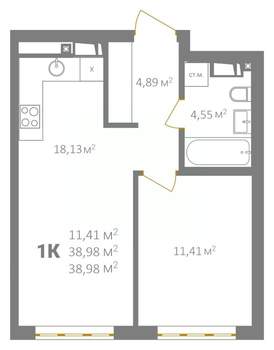 1-к квартира, вторичка, 39м2, 18/18 этаж