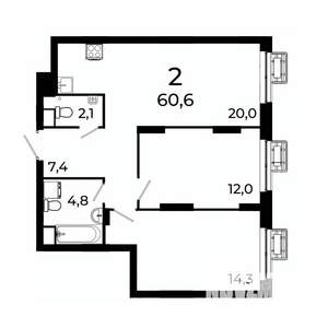 2-к квартира, вторичка, 61м2, 3/19 этаж