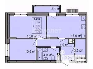 2-к квартира, вторичка, 58м2, 9/9 этаж