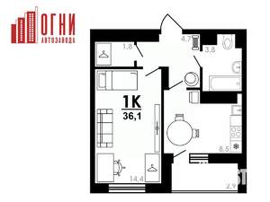 1-к квартира, строящийся дом, 36м2, 17/25 этаж