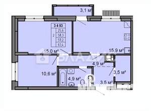 2-к квартира, вторичка, 58м2, 4/13 этаж