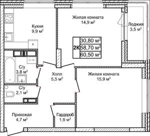 2-к квартира, строящийся дом, 61м2, 2/23 этаж