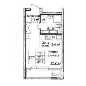 Студия квартира, строящийся дом, 24м2, 24/25 этаж