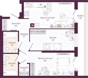 2-к квартира, вторичка, 65м2, 3/14 этаж